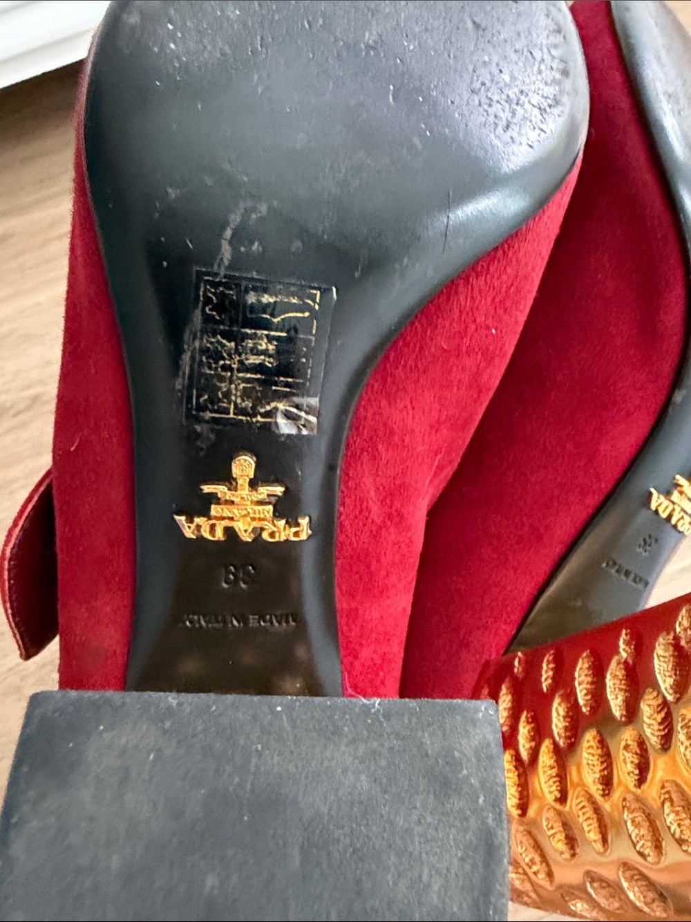 Prada Red Suede Mary Jane Heels with Gold Studs and Sculpted Heel - Picture 6 of 13
